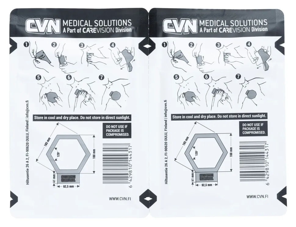 CVN Hexagon Chest Seal venttiilitön ilmarintasidos, 2-Pack