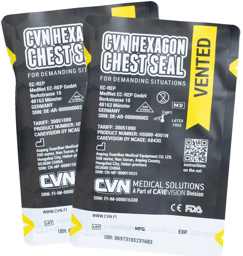 CVN Hexagon Chest Seal venttiilillinen ilmarintasidos, 2-Pack